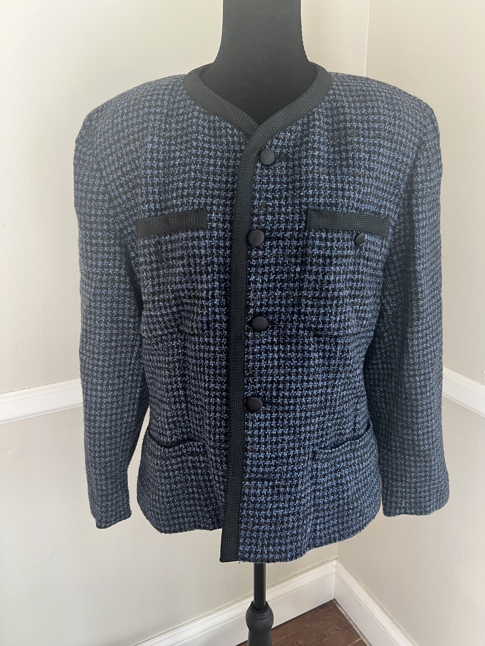 Lizwear Women's Blue Black Houndstooth Wool Blend Jacket Size 12 Vintage 90s